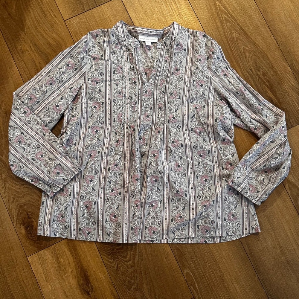 Pure Jill Organic Cotton Floral Stripe Blouse Grey Pink Medium